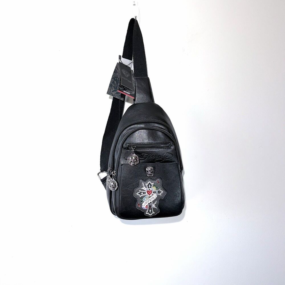 Ed Hardy Black Small Crossbody Sling Bag Adjustable Strap Skull Charm NWT